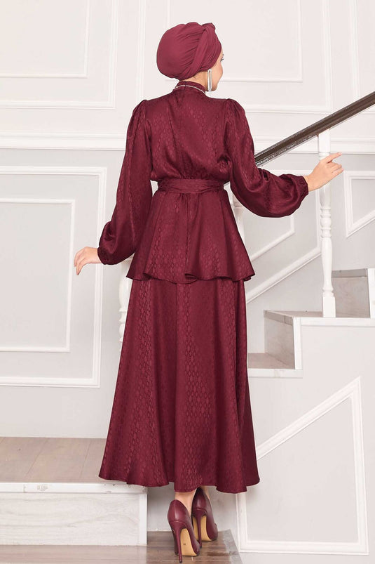 Beli Büzgülü Desenli Jakarlı Tesettür Takım Bordo