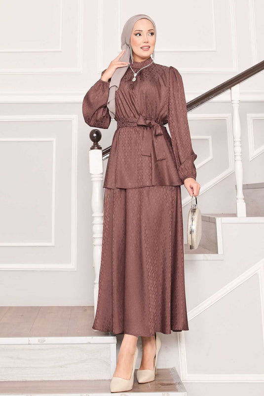 Pleated Waist Patterned Jacquard Hijab Suit Brown