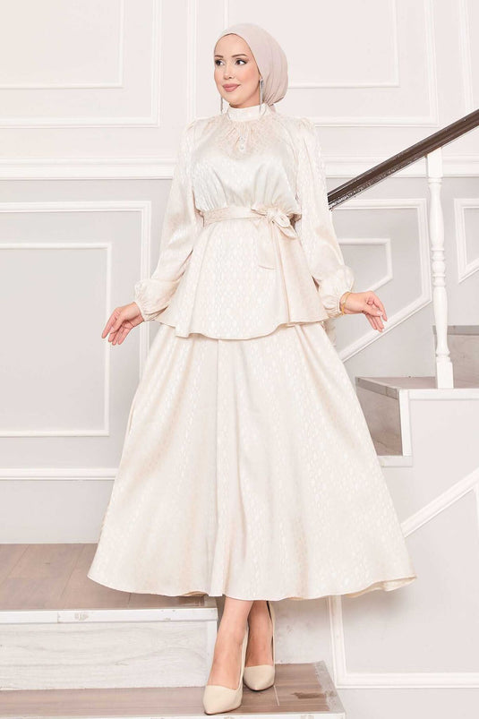 Pleated Waist Patterned Jacquard Hijab Suit Cream