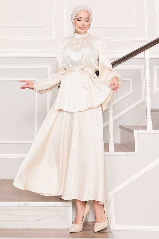 Pleated Waist Patterned Jacquard Hijab Suit Cream