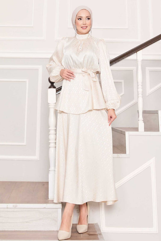 Pleated Waist Patterned Jacquard Hijab Suit Cream
