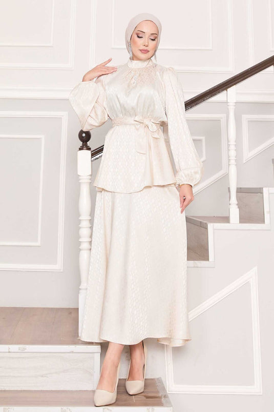 Pleated Waist Patterned Jacquard Hijab Suit Cream