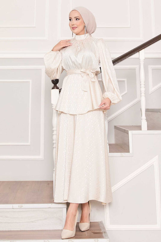 Pleated Waist Patterned Jacquard Hijab Suit Cream