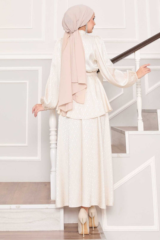 Pleated Waist Patterned Jacquard Hijab Suit Cream