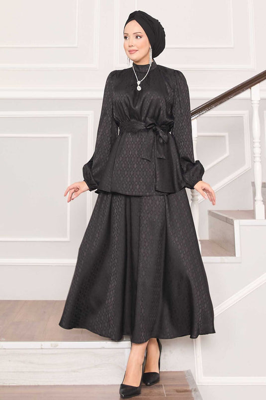 Pleated Waist Patterned Jacquard Hijab Suit Black