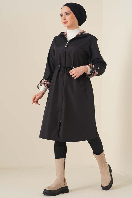 Trench-coat à capuche taille froncée noir