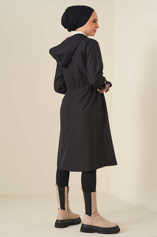 Trench-coat à capuche taille froncée noir