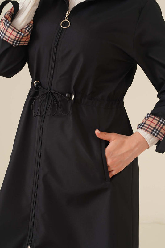 Trench-coat à capuche taille froncée noir