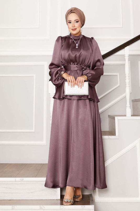 Tailleur jupe en satin avec ceinture plissée Poudre