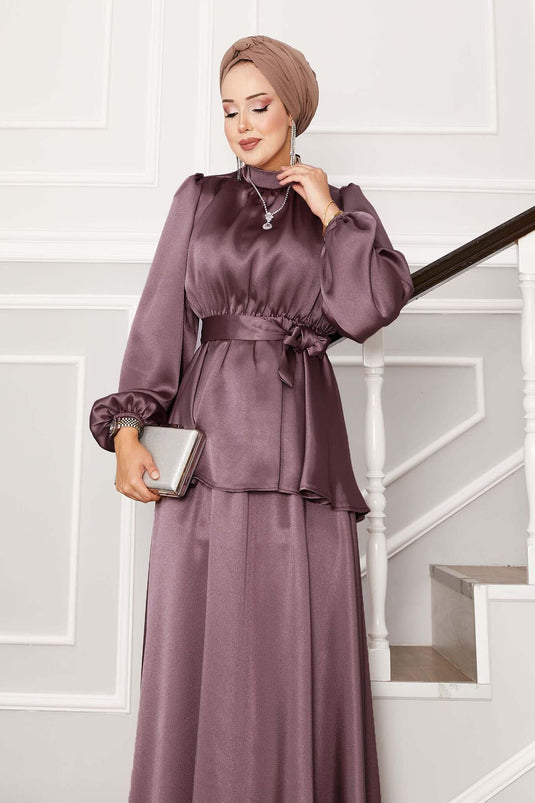 Tailleur jupe en satin avec ceinture plissée Poudre