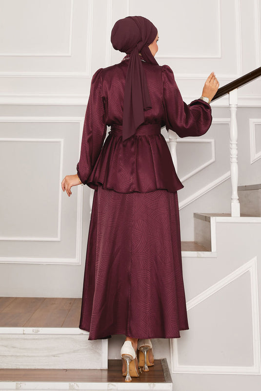 Costume jacquard avec ceinture et cordon de serrage à la taille, rouge bordeaux