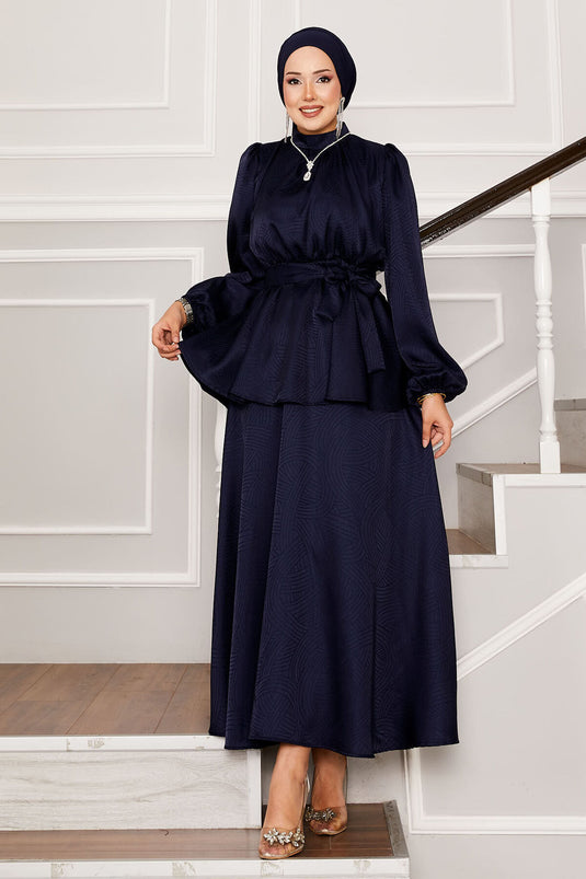 Costume jacquard bleu marine avec cordon de serrage à la taille et ceinture