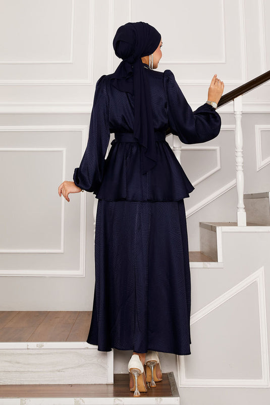 Costume jacquard bleu marine avec cordon de serrage à la taille et ceinture