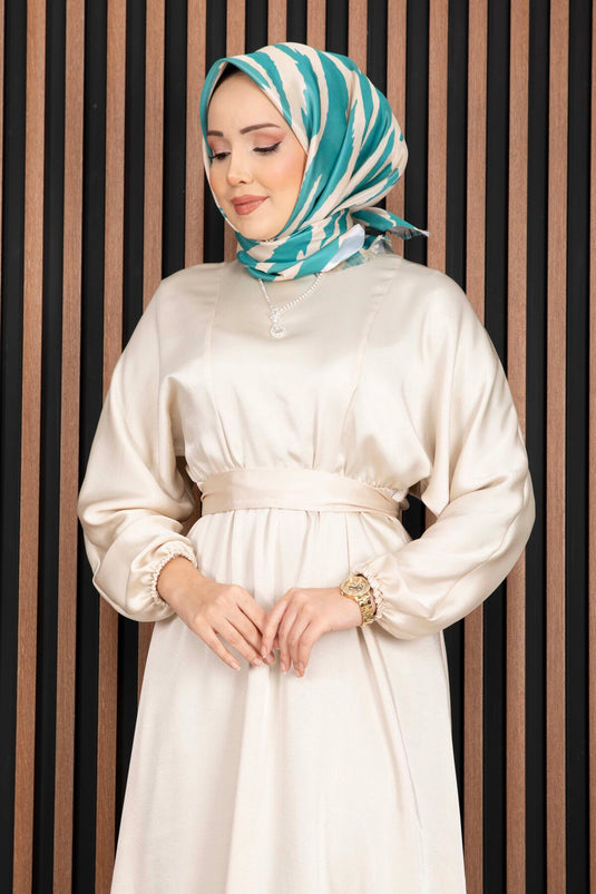 Robe voilée à ceinture froncée beige Beli