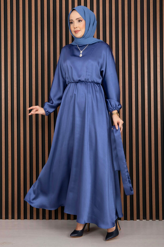 Robe voilée à ceinture froncée Beli indigo