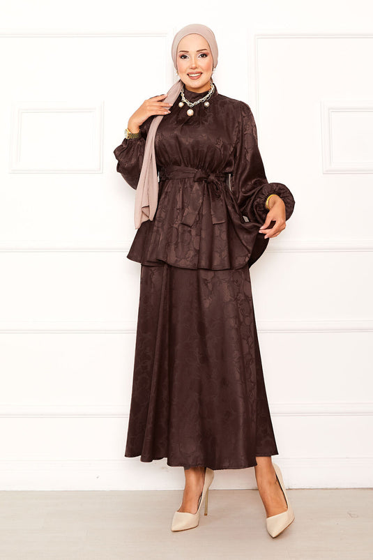 Beli gerafftes, abnehmbares Gürtelset mit Jacquardrock, Braun