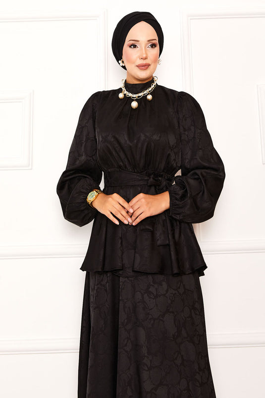 Gathered Waist, Removable Belt, Jacquard Skirt Suit, Black