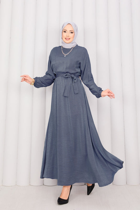 Robe hijab à manches chauve-souris, ceinture amovible et taille froncée, grise