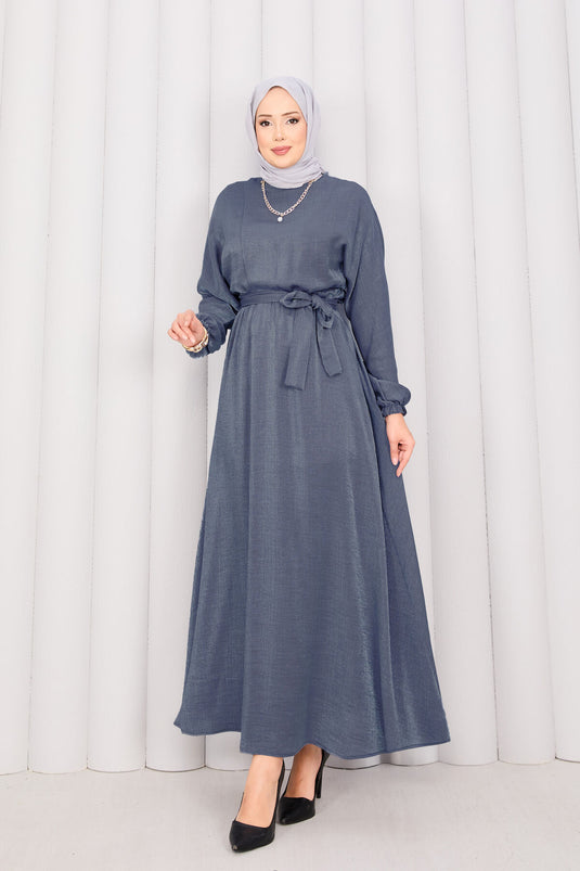 Batwing Sleeve Hijab Dress with Removable Belt and Gathered Waist, Gray