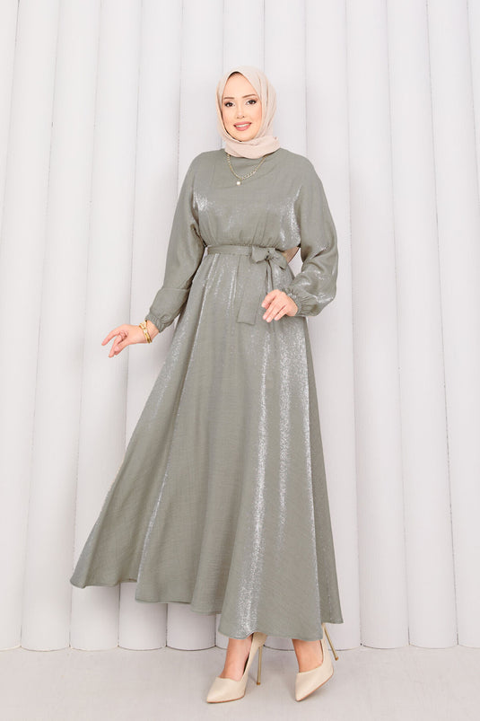 Robe hijab à manches chauve-souris avec ceinture amovible et taille plissée kaki
