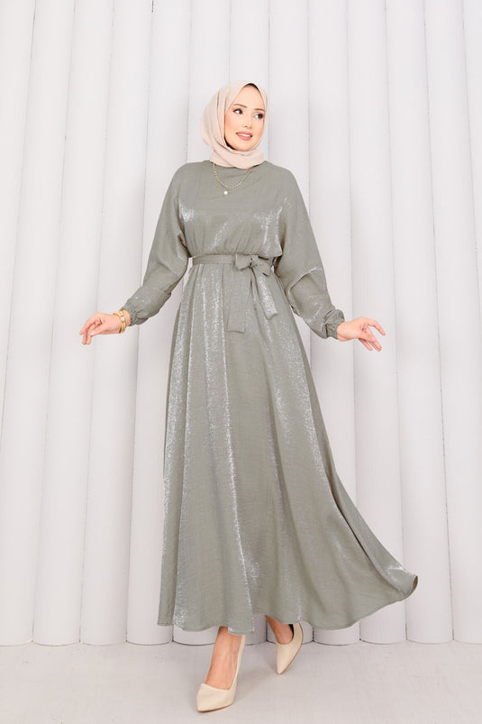 Batwing Sleeve Hijab Dress with Removable Belt and Pleated Waist Khaki