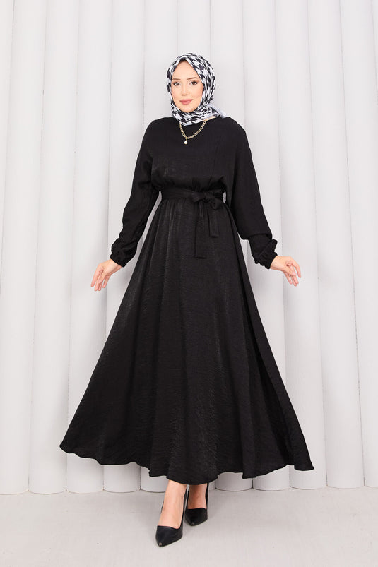 Robe hijab à manches chauve-souris avec ceinture amovible et taille froncée, noire