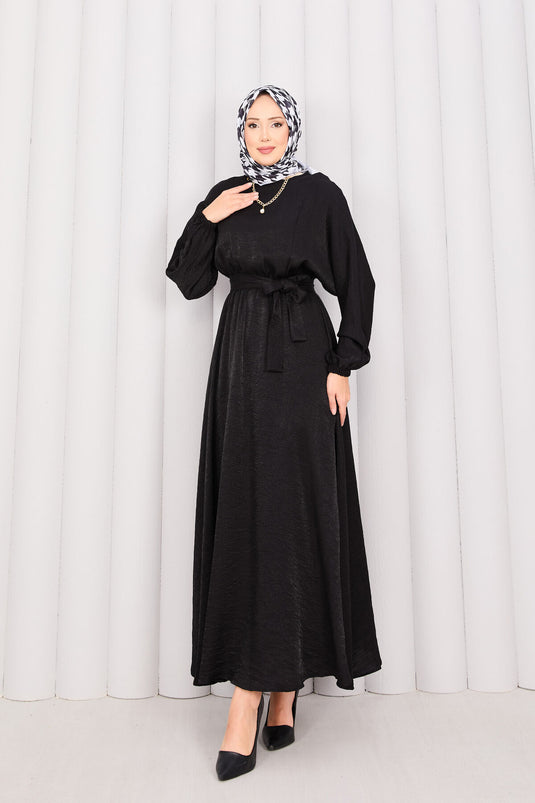 Batwing Sleeve Hijab Dress with Removable Belt and Gathered Waist, Black