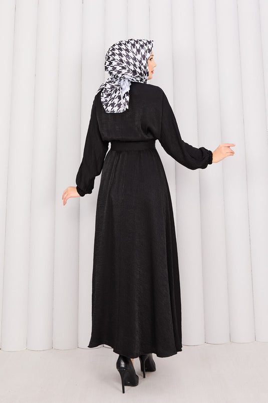 Batwing Sleeve Hijab Dress with Removable Belt and Gathered Waist, Black