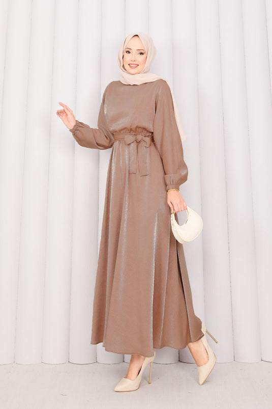 Beli Büzgülü Seyyar Kuşaklı Yarasa Kol Tesettür  Elbise Taba