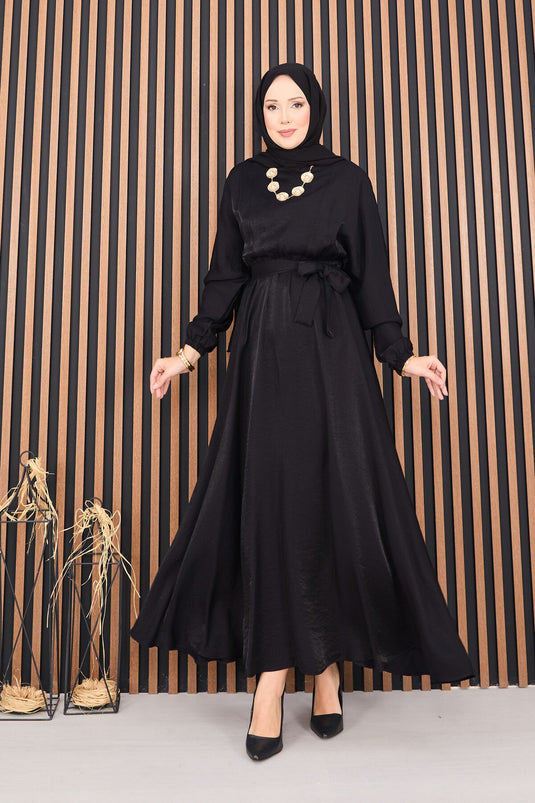Black Batwing Sleeve Hijab Dress with Pleated Waist
