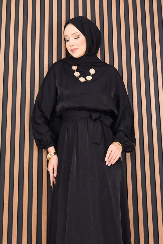 Black Batwing Sleeve Hijab Dress with Pleated Waist