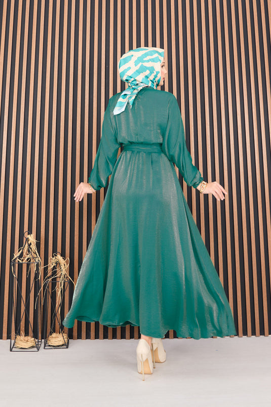 Smaragdgrünes Hijab-Kleid mit Fledermausärmeln und Taillenbund