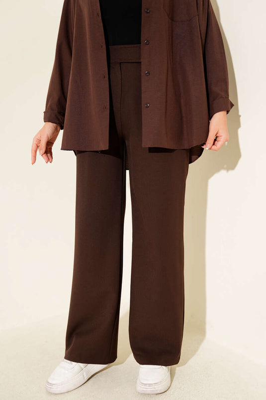 Wide-Leg Trousers with Velcro Waistband, Brown