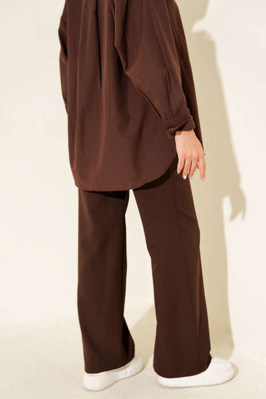 Wide-Leg Trousers with Velcro Waistband, Brown