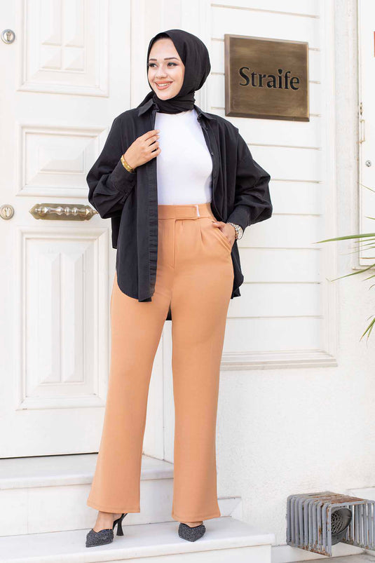 Pantalon Hijab Palazzo Camel avec Boutons Pression à la Taille