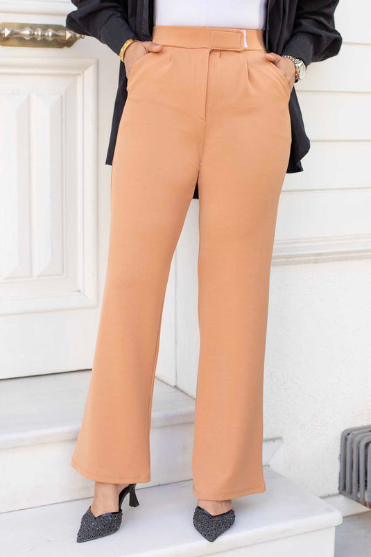 Pantalon Hijab Palazzo Camel avec Boutons Pression à la Taille