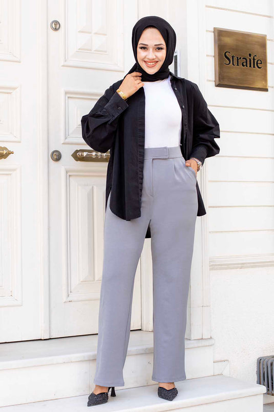 Pantalon Hijab Palazzo avec Boutons Pression à la Taille Gris