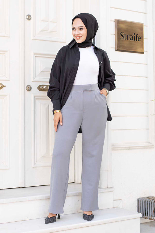 Pantalon Hijab Palazzo avec Boutons Pression à la Taille Gris