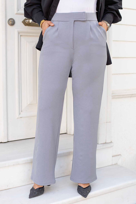 Pantalon Hijab Palazzo avec Boutons Pression à la Taille Gris