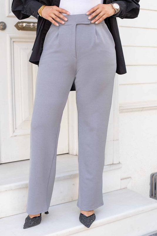 Pantalon Hijab Palazzo avec Boutons Pression à la Taille Gris