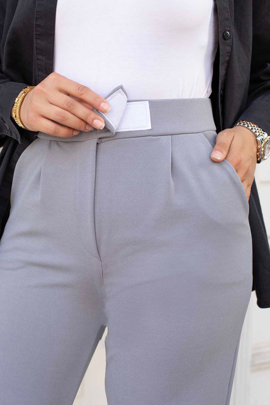 Pantalon Hijab Palazzo avec Boutons Pression à la Taille Gris