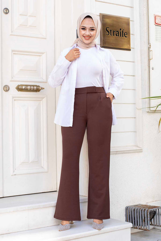 Pantalon Hijab Palazzo avec Boutons Pression à la Taille Marron