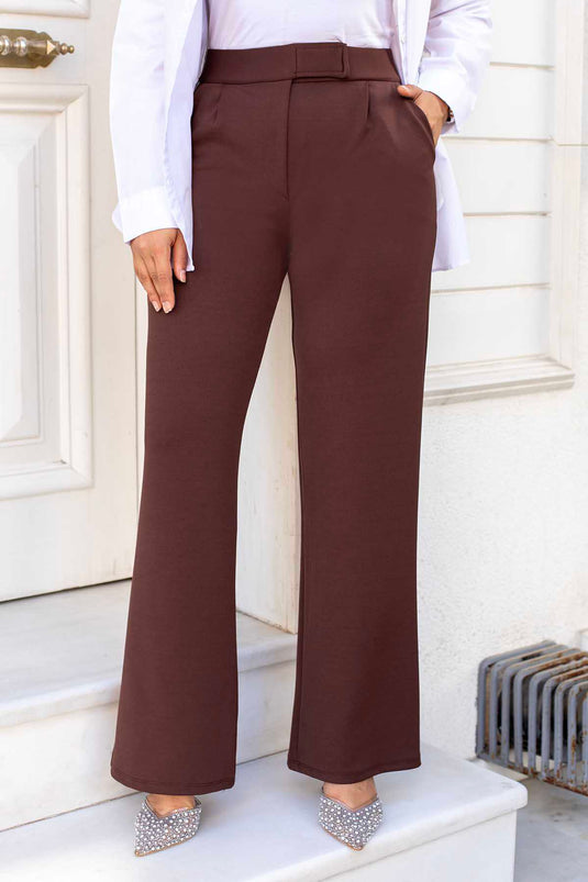 Pantalon Hijab Palazzo avec Boutons Pression à la Taille Marron