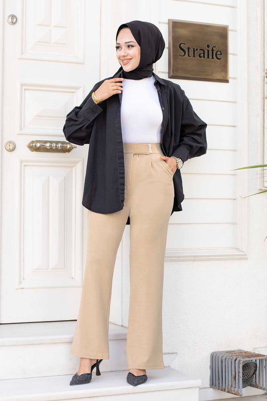 Pantalón Hijab Palazzo con broche en la cintura, Crema