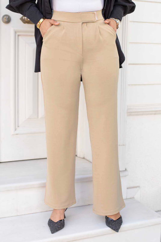 Cream Colored Palazzo Pants with Snap Closure for Modest Wear