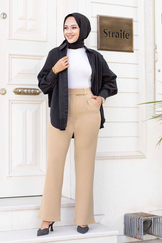 Cream Colored Palazzo Pants with Snap Closure for Modest Wear