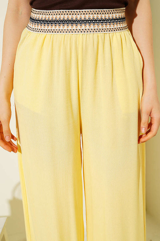 Beli Etnik Desen Geniş Paça Pantolon Sarı