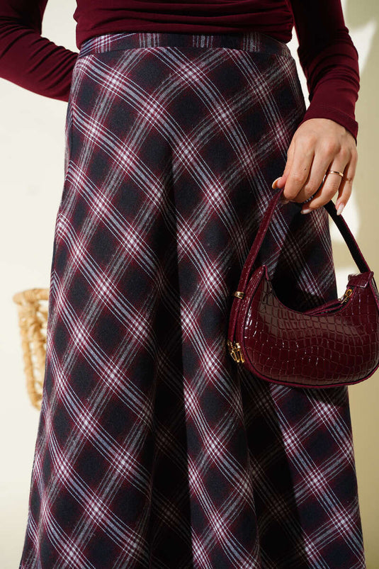 Jupe évasée à carreaux avec fermeture éclair bordeaux