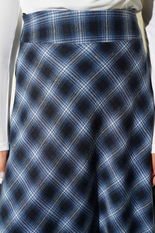 White-Buttoned Checked Bell Skirt Navy Blue