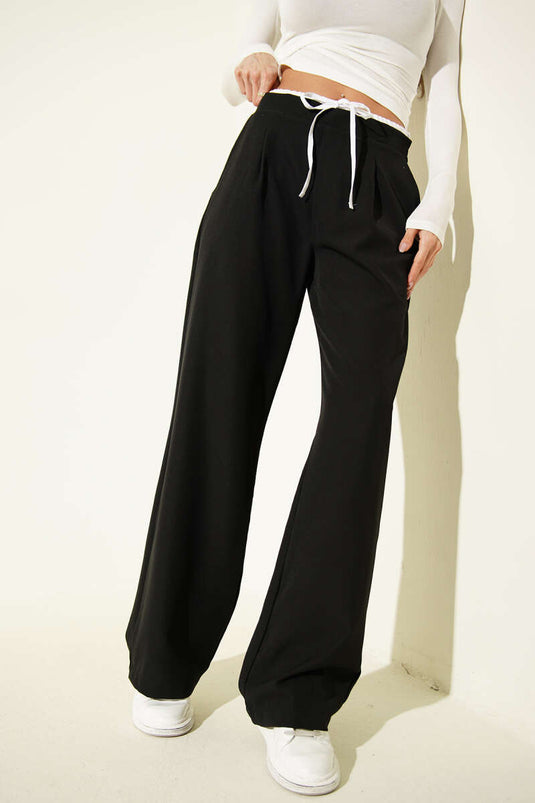 Beli Fermuarlı Garnili Pantolon Siyah